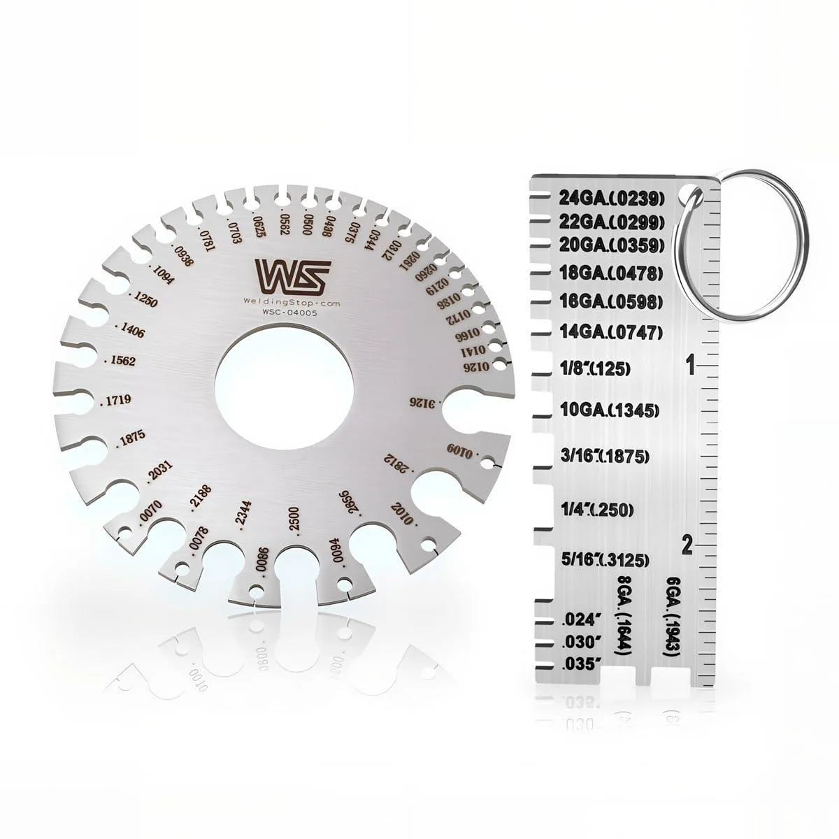 Two stainless steel gauges: a slotted sheet-thickness gauge and a round wire/cable gauge with SWG scale