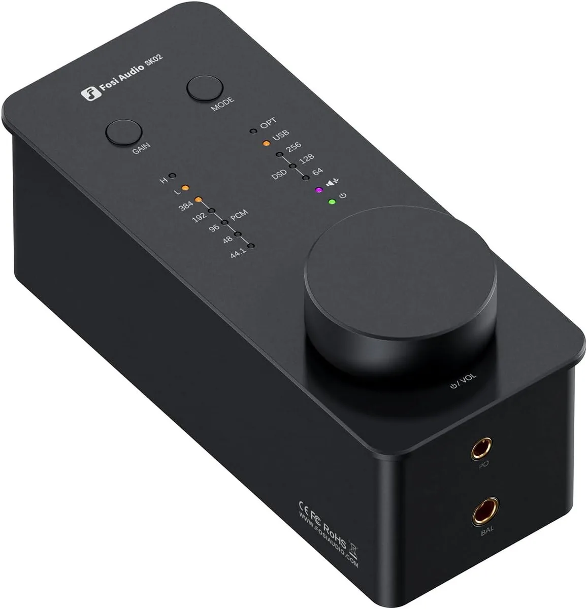 Small silver aluminium desktop DAC amp with large volume knob, 3.5 mm and 4.4 mm headphone jacks, USB-C and optical inputs
