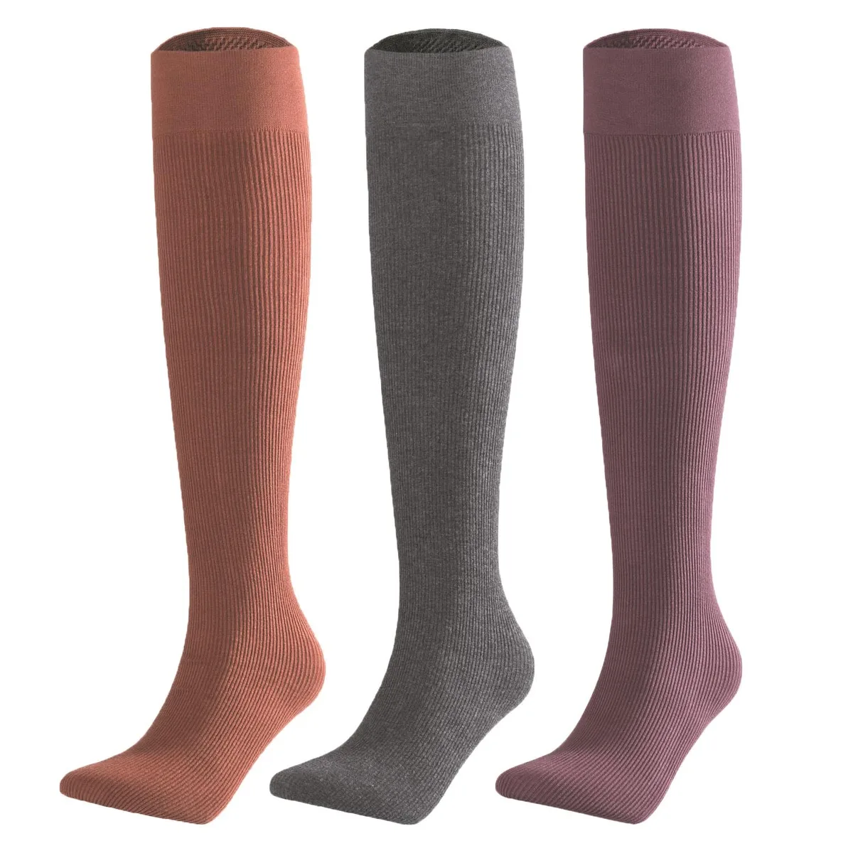 Three pairs of thigh-high cotton boot socks in dark grey wheat and orchid