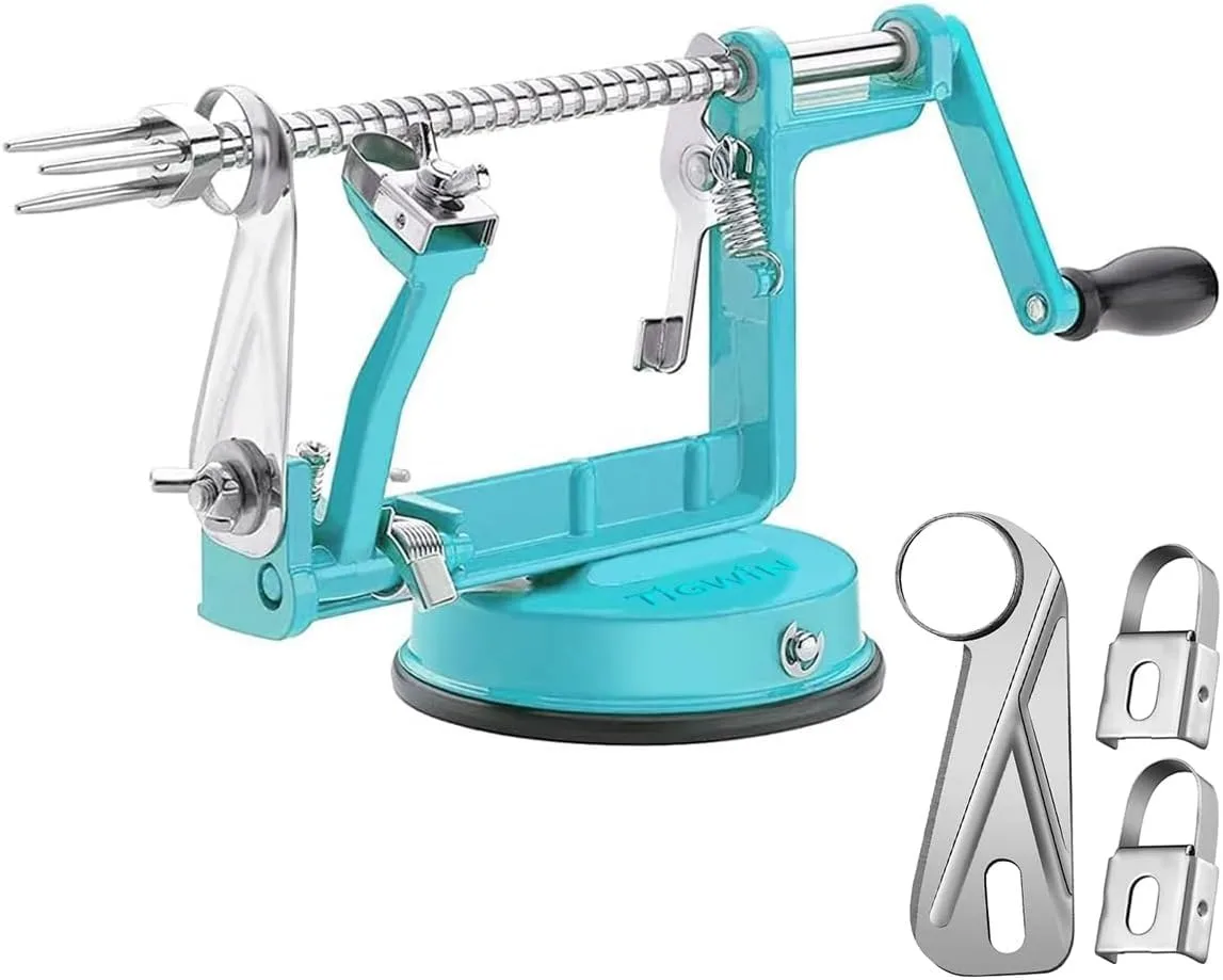 Blue hand-crank apple peeler with suction base and stainless steel blades