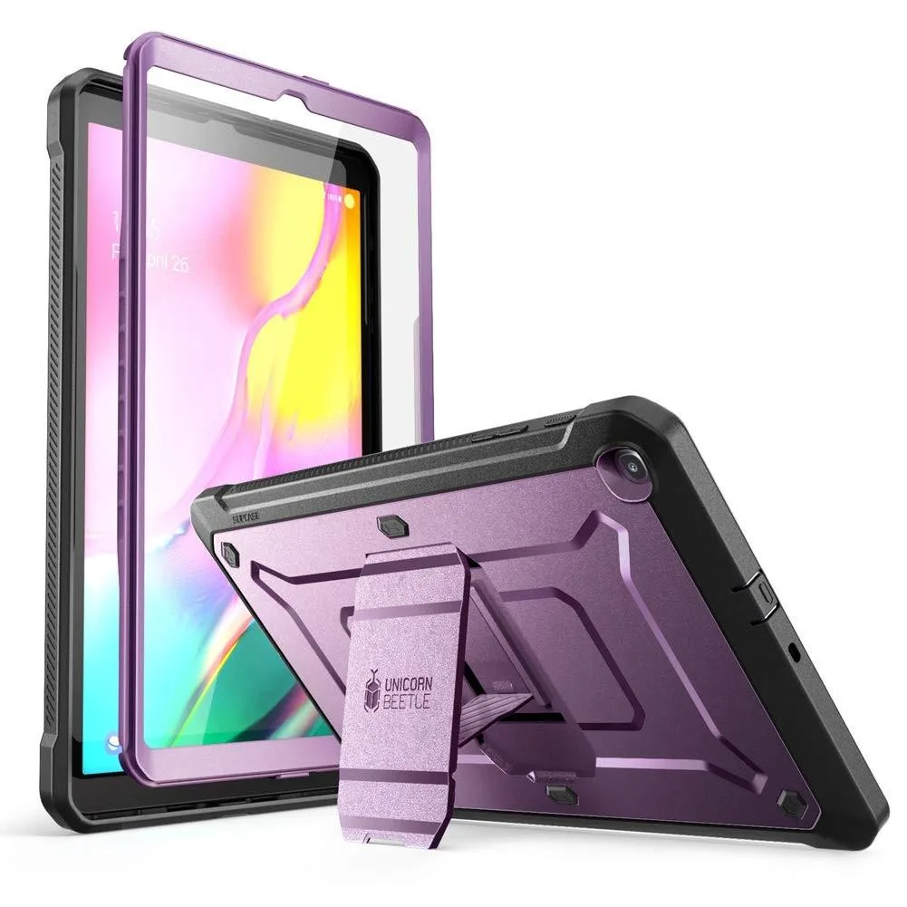 Purple rugged tablet case with built-in stand and screen protector