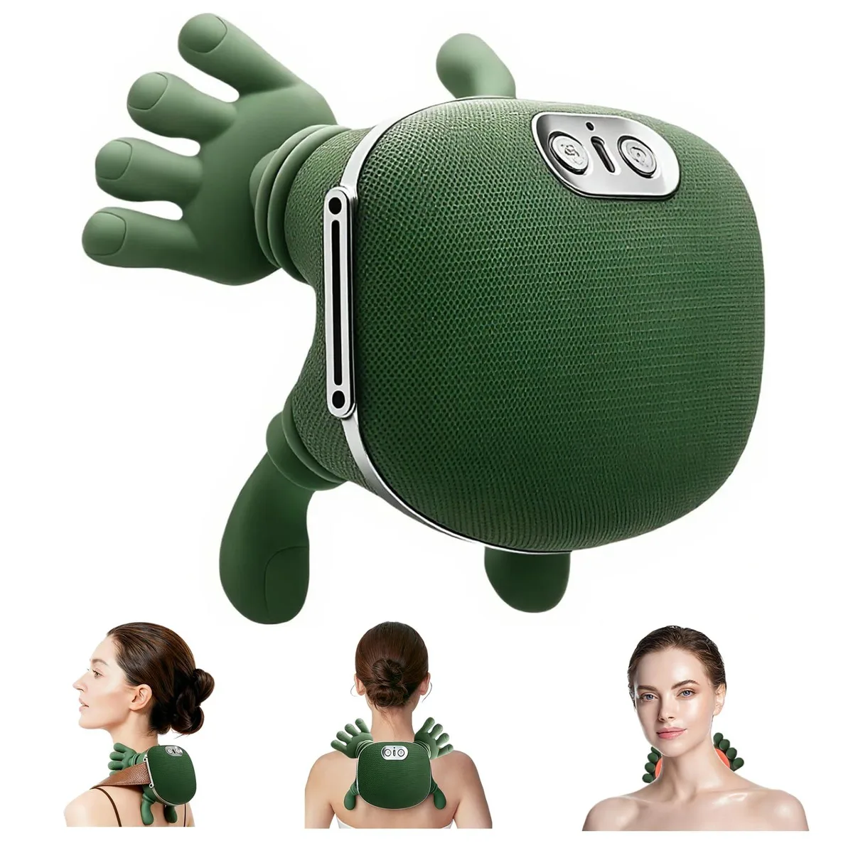 Green handheld massager with finger-like nodes, mesh fabric, compact rectangular shape