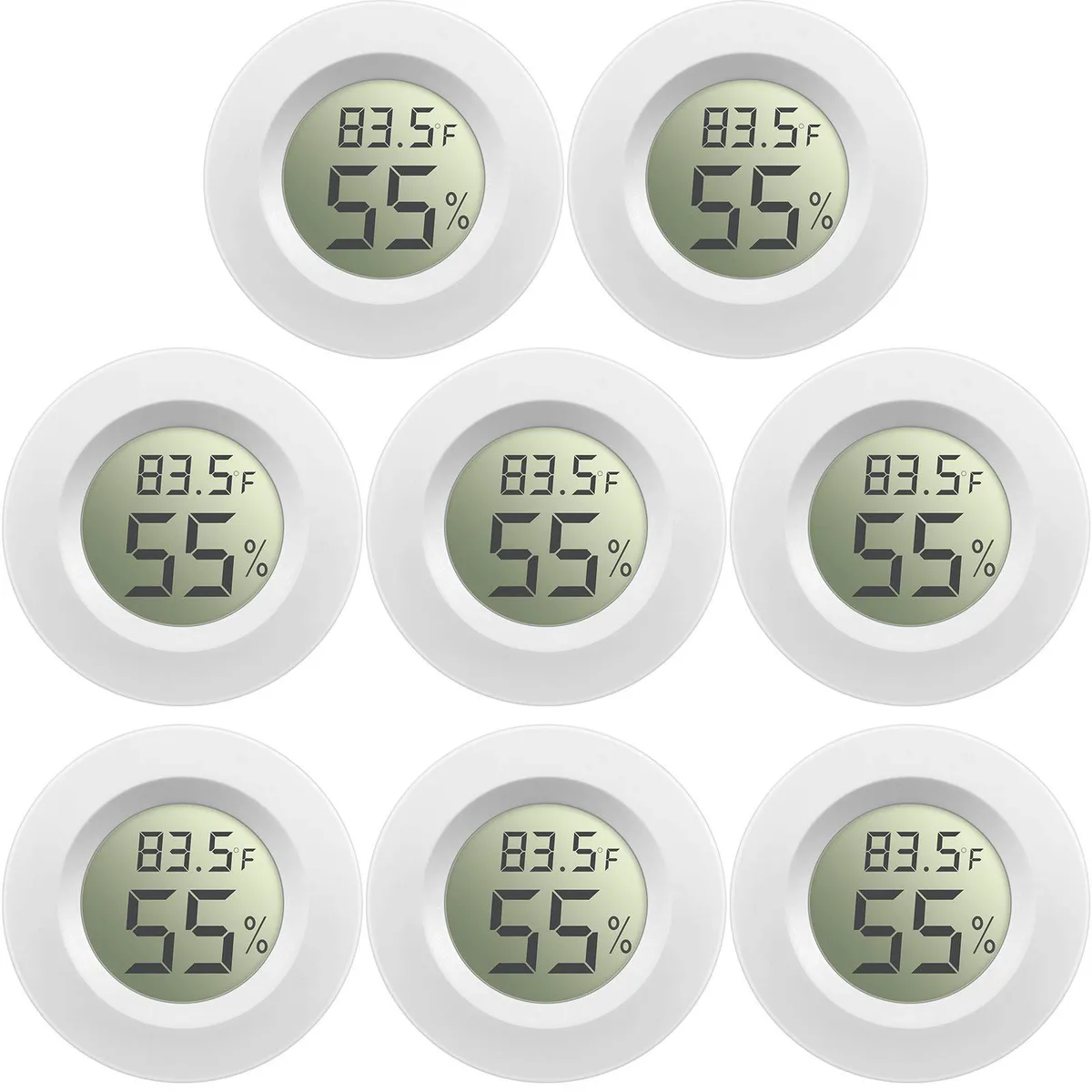 Eight small white digital hygrometer thermometers with LCD screens