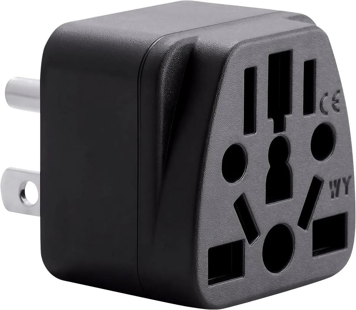 Black compact US travel plug adapter Type B, 1.4 by 1.4 by 1.1 inches
