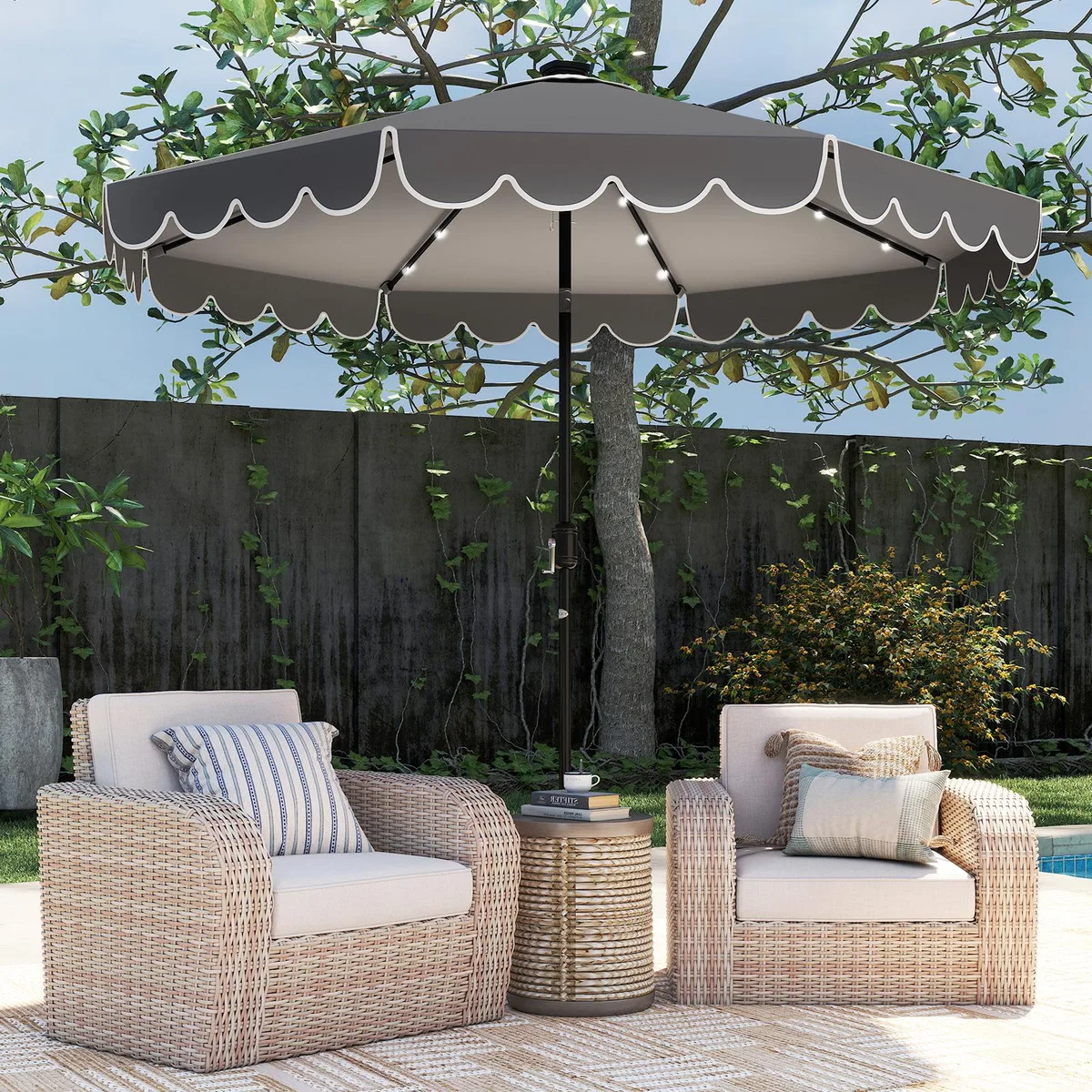 Grey 10 ft solar patio umbrella with 24 LED lights on metal ribs, crank handle and tilt button