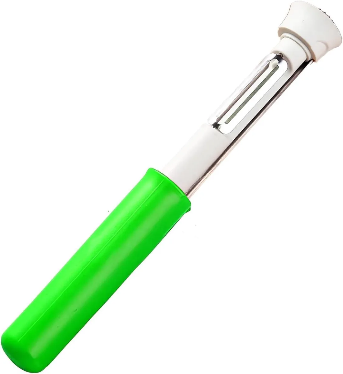 Blue tabletop fruit peeler and corer with stainless steel blade, retractable design, 8.8 in long
