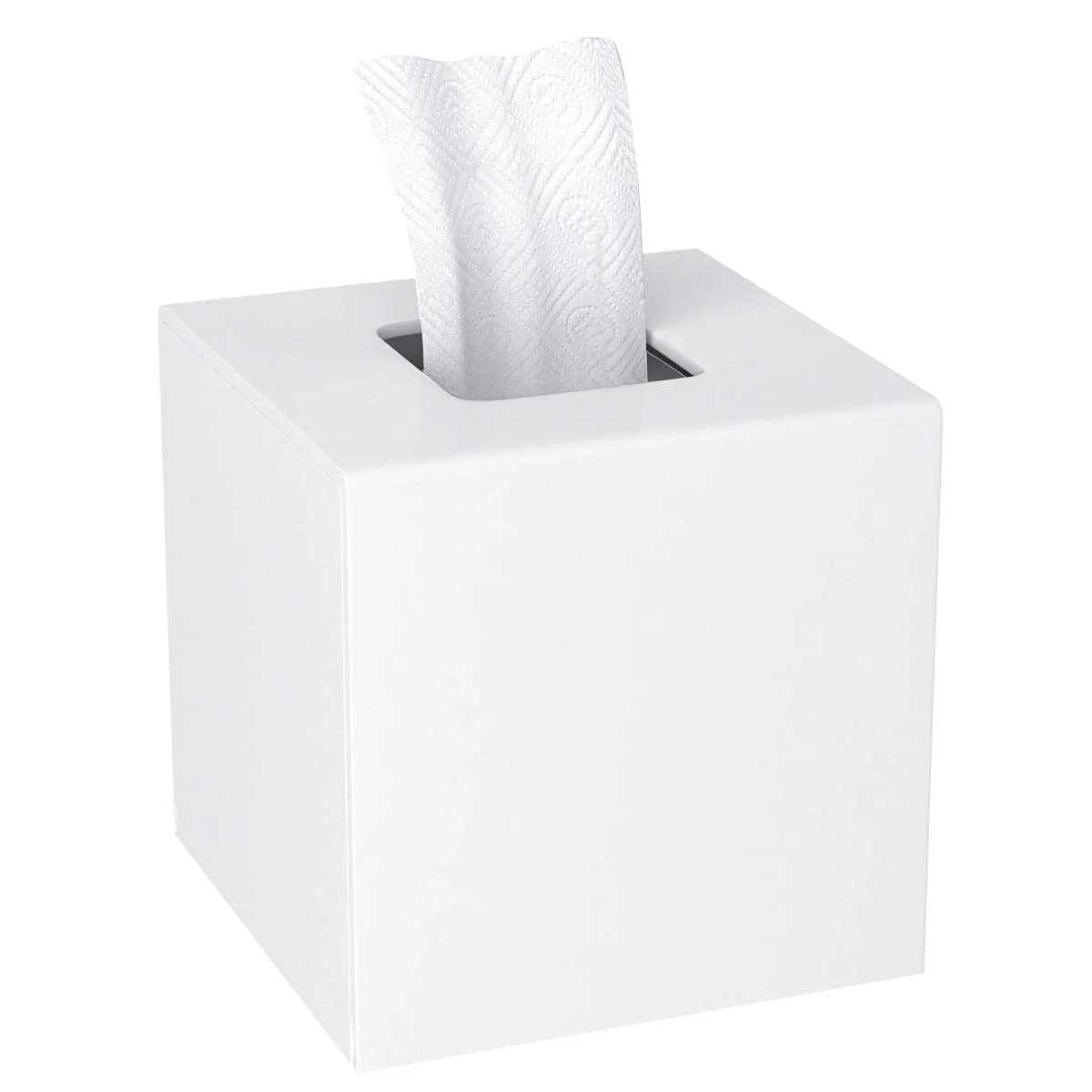 Square white acrylic tissue box cover, 5.5 inches, magnetic bottom closure