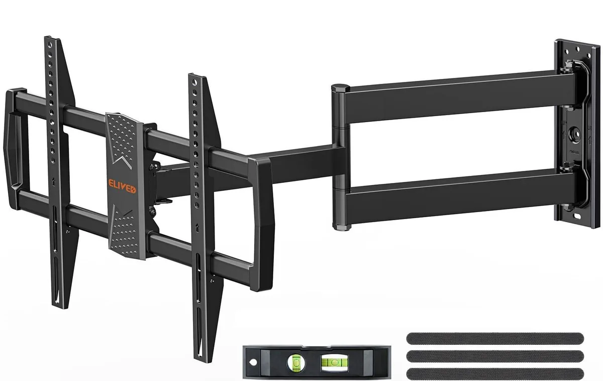 Black articulating TV wall mount with a 32-inch extended arm, folded against the wall bracket