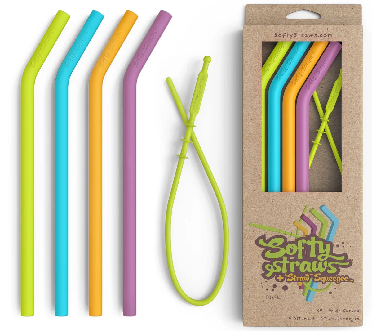 A set of nine-inch silicone drinking straws in assorted colours with a curved bend and a patented squeegee cleaning tool
