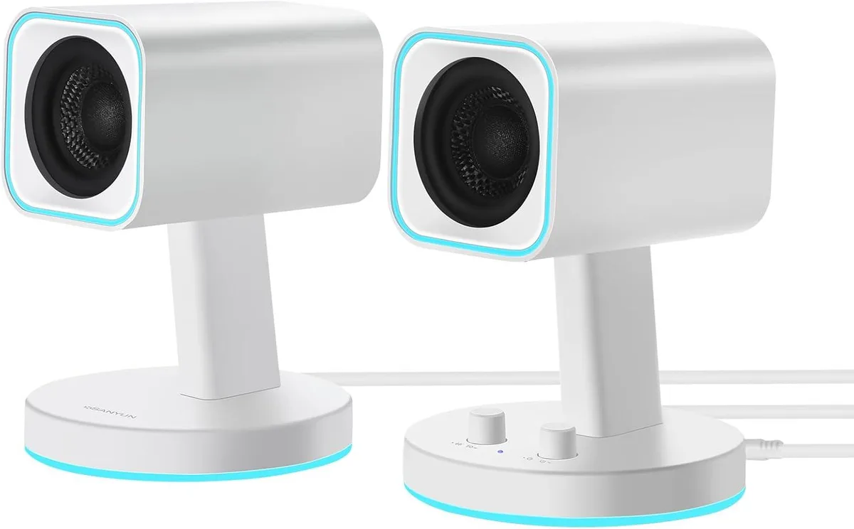 White 2.0 speaker pair with 2.25-inch fiberglass drivers, Bluetooth 5.2, USB, 3.5mm AUX, 24W, 16-bit DAC, 12 RGB effects