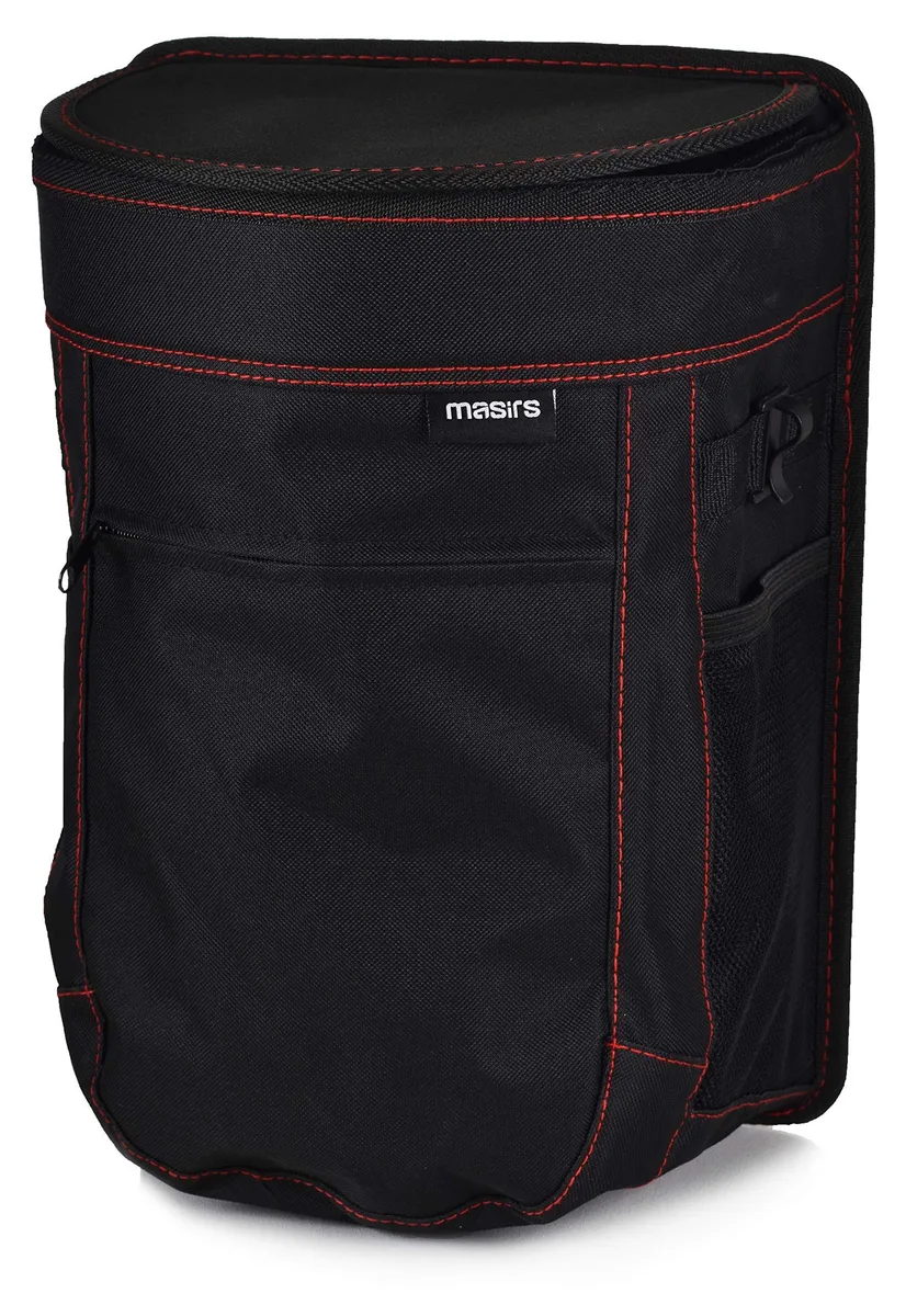 Black nylon car trash can with flip lid and adjustable headrest strap, 12 litre capacity