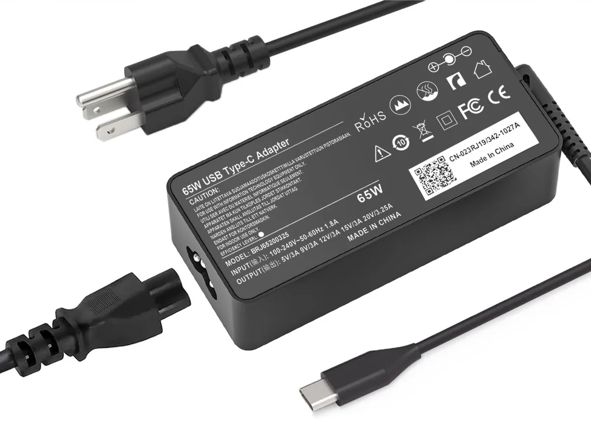 A compact black USB-C power adapter with a three-prong US plug and integrated cable