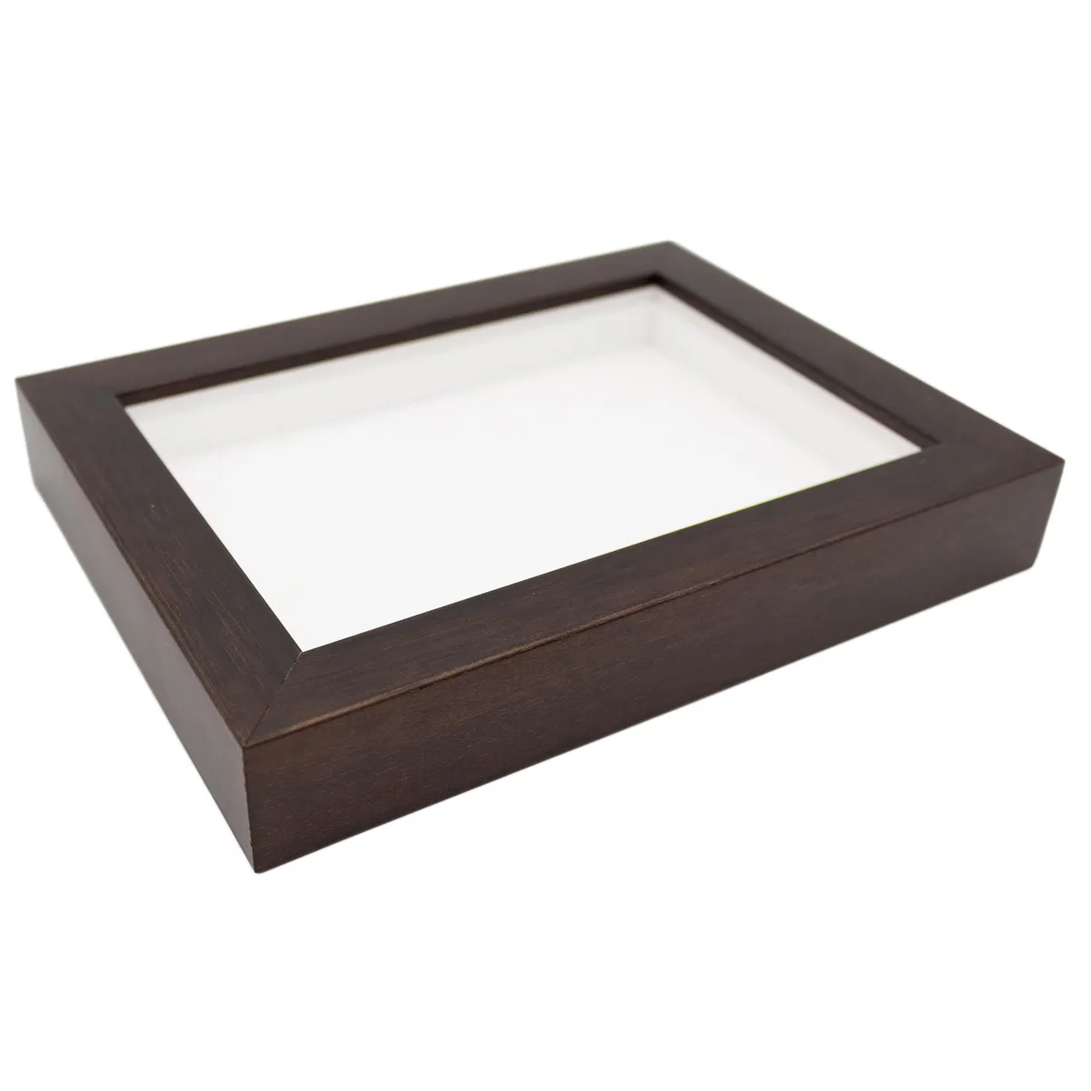 Square brown wooden shadowbox frame with acrylic front