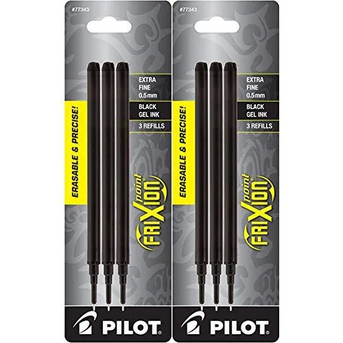 Six black FriXion Point refills in clear plastic packaging
