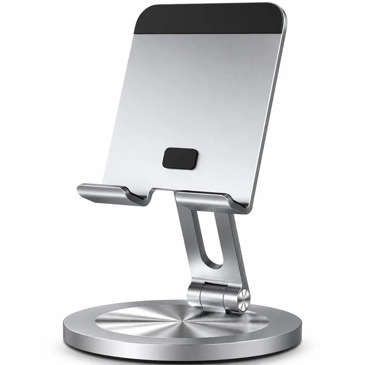 Silver foldable desktop phone stand with 360° rotating base and dual adjustable hinges