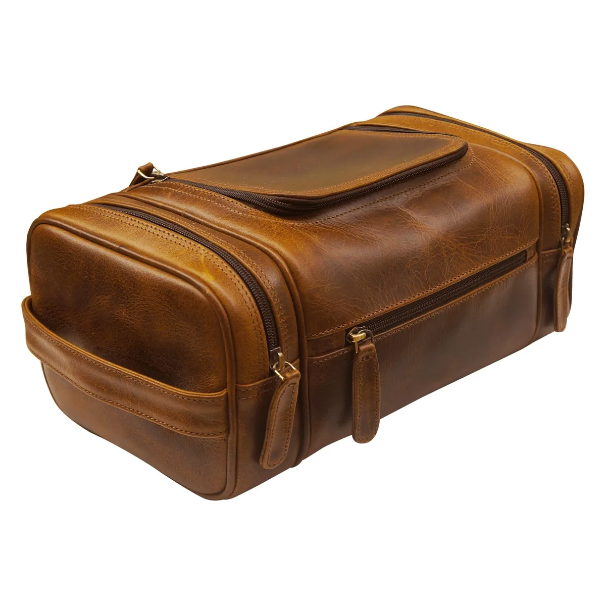 Medium brown leather toiletry bag with brass hook, 11x6x4.5in