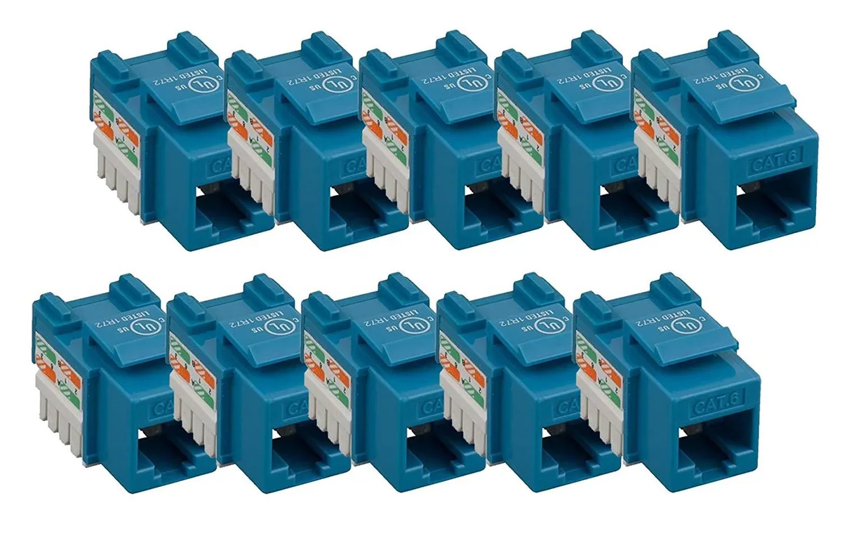 Ten blue rectangular keystone jacks with punch-down terminals