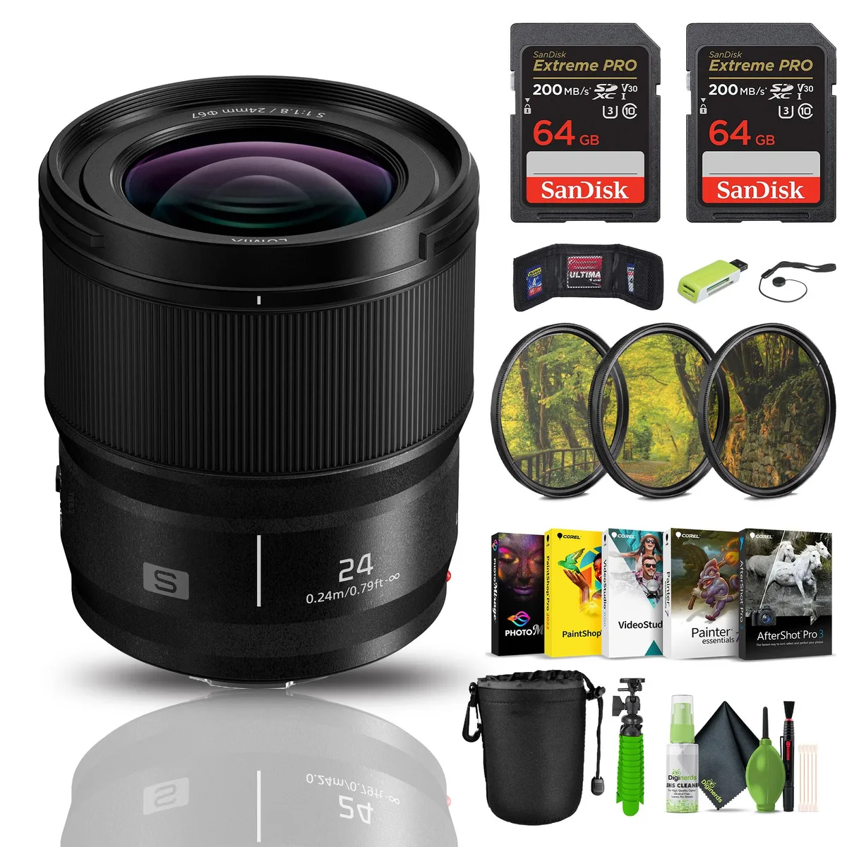 Panasonic Panasonic Lumix S 24mm f/1.8 Lens Bundle with 2x 64GB Card, 72mm Filter Kit &amp; Accessories — product photo