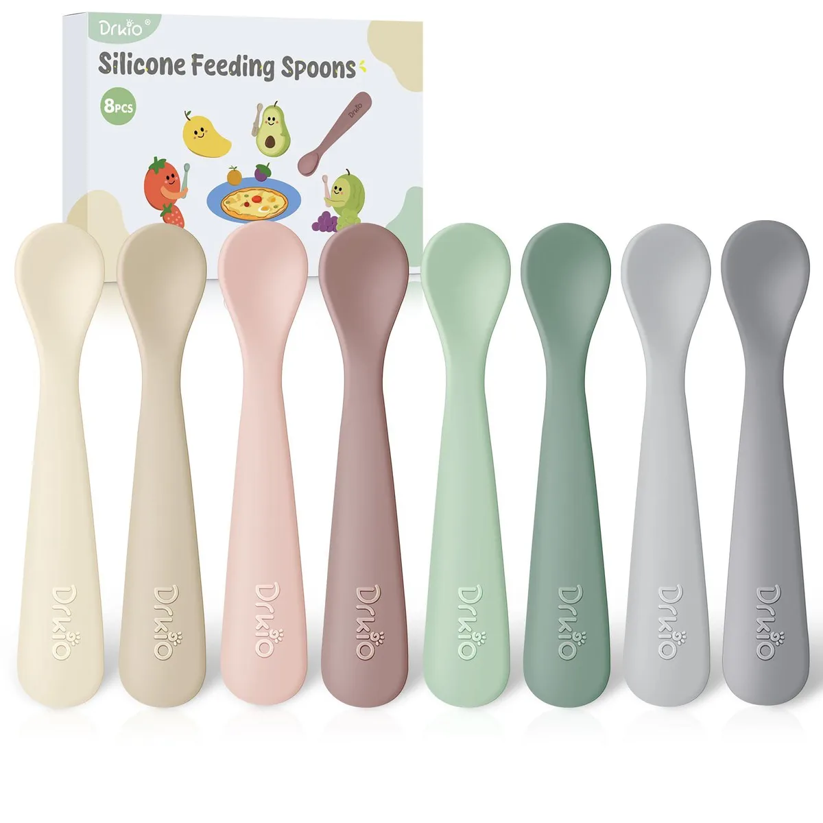 Eight pastel silicone baby spoons with soft tips and ergonomic handles, silver accent
