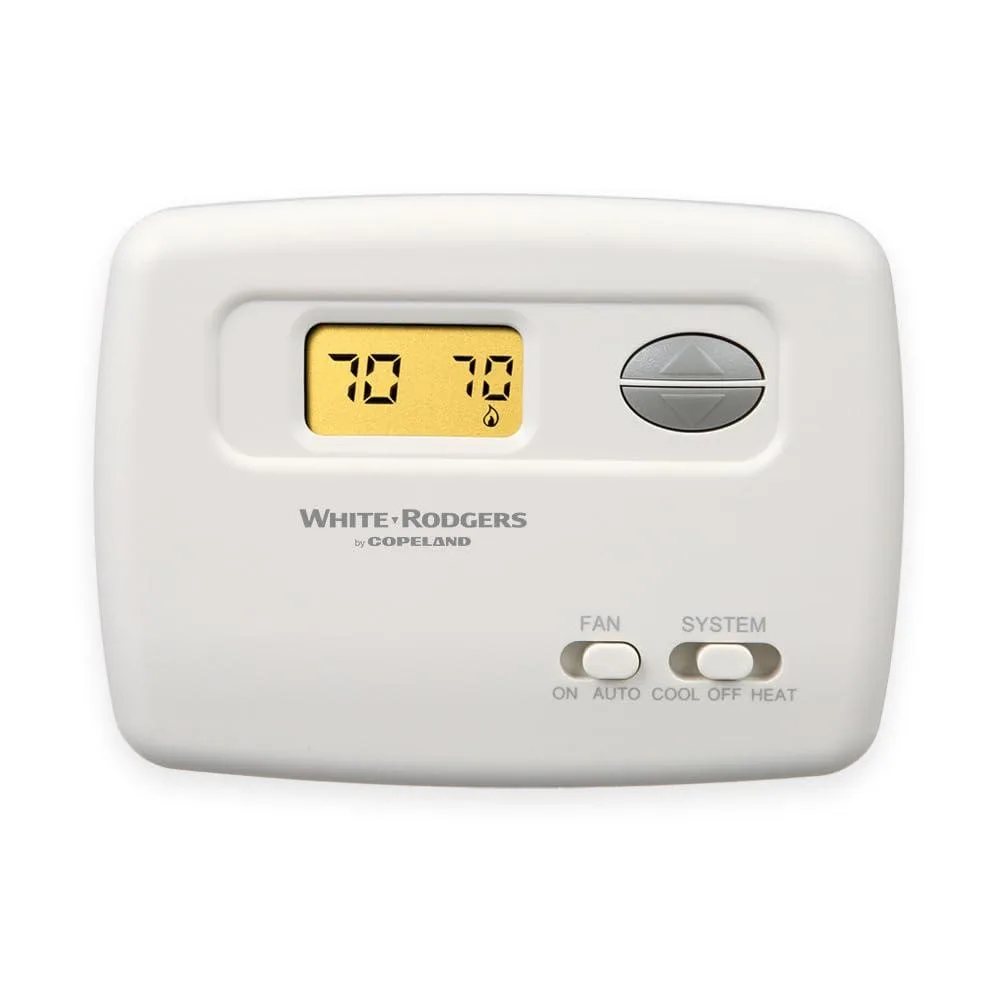 White rectangular thermostat with digital display and buttons