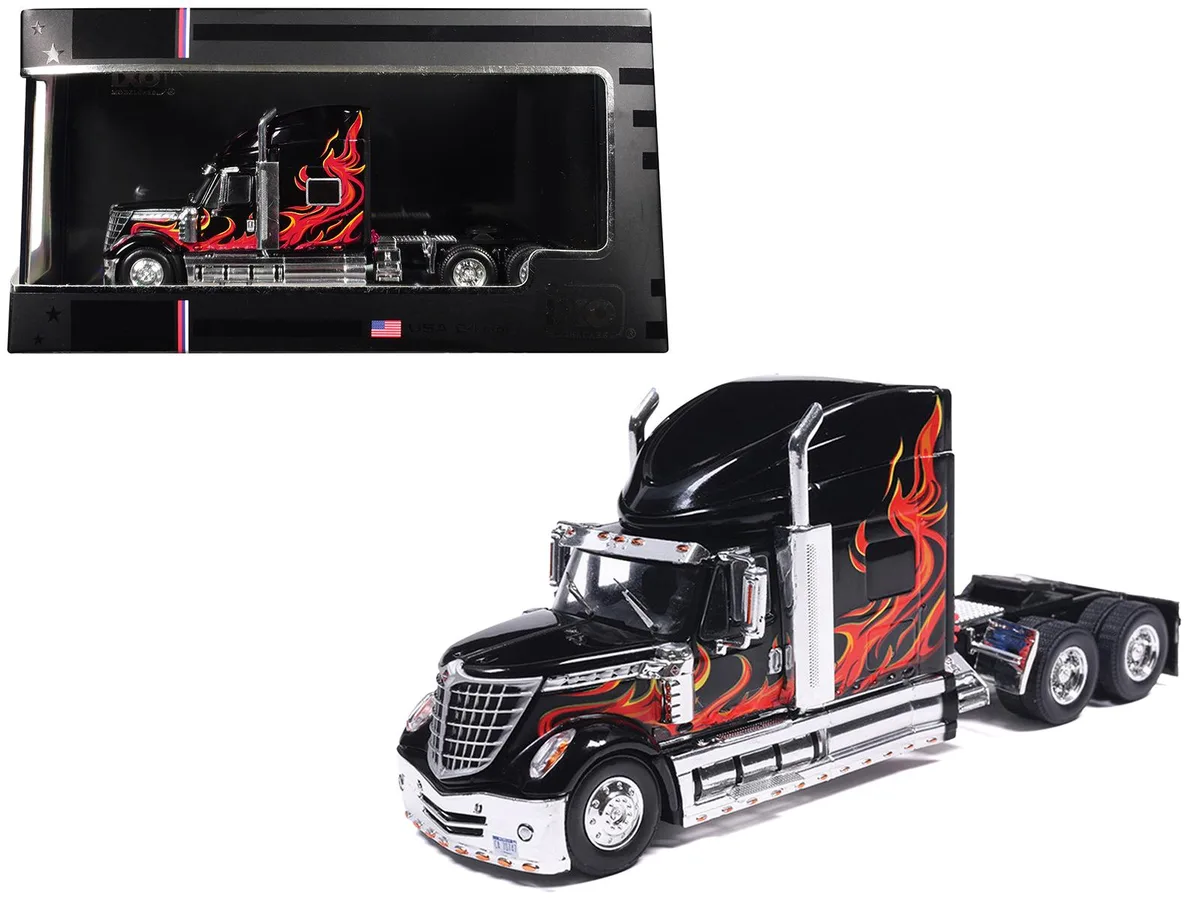 Ixo Models Ixo Models 2010 International Lonestar Truck Tractor Black with Flame Graphics 1/64 Diecast Hobby Collectible — product photo