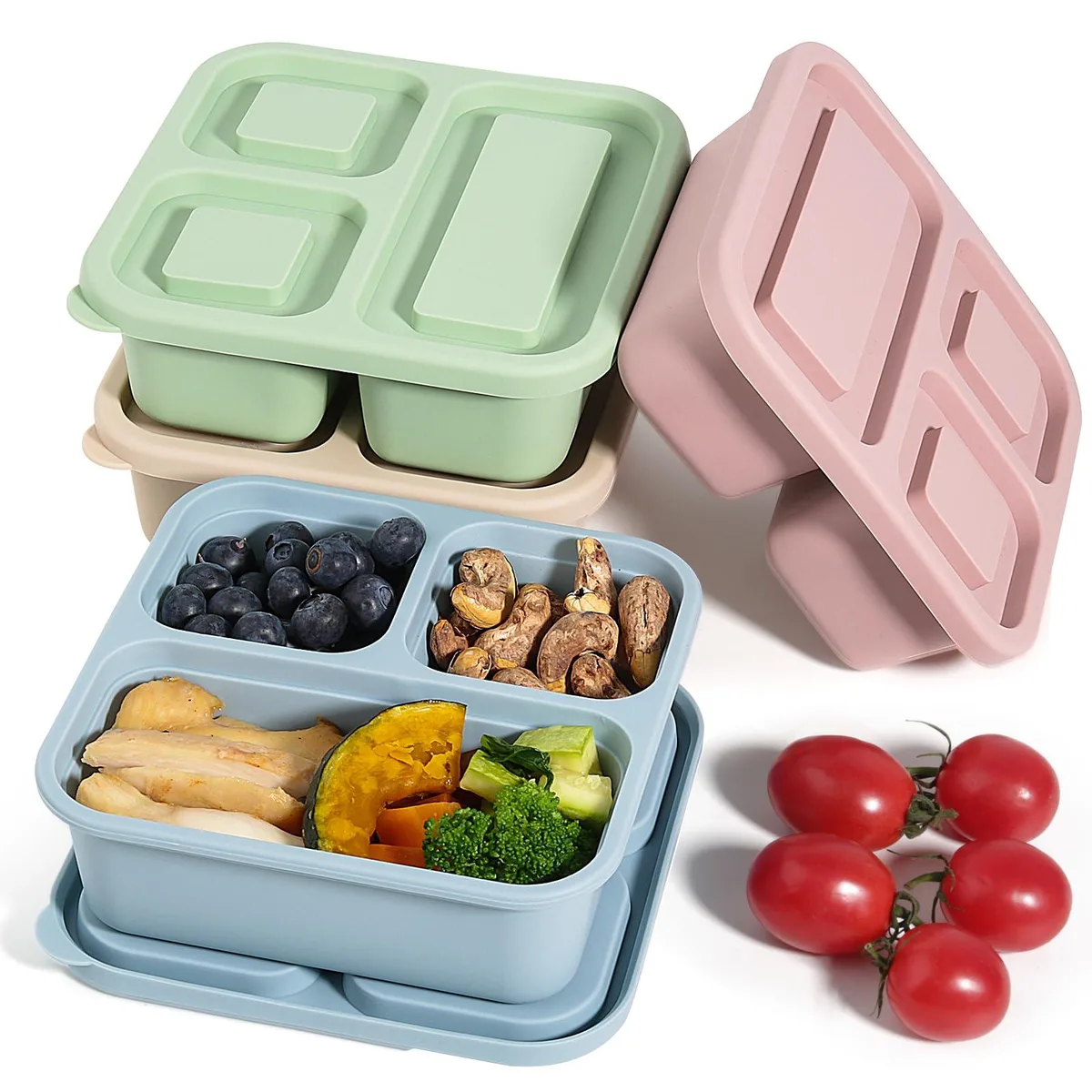 Red silicone snack container set with three compartments and matching lids