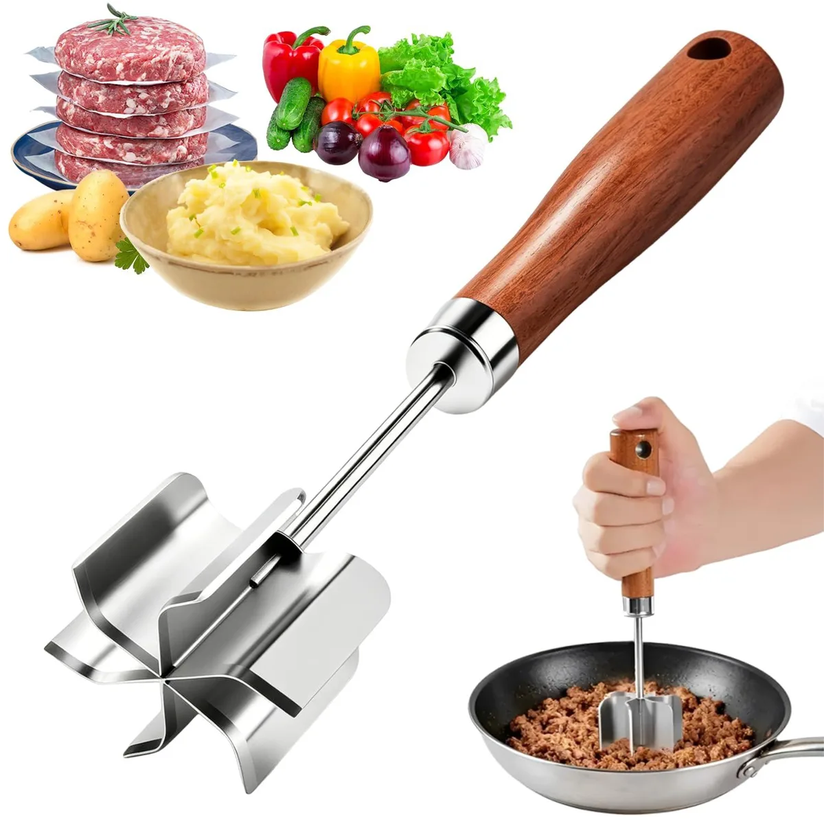  Qaztodisvy Stainless Steel Meat Chopper 6-Blade Wooden Handle 304 Steel .24 kg — product photo