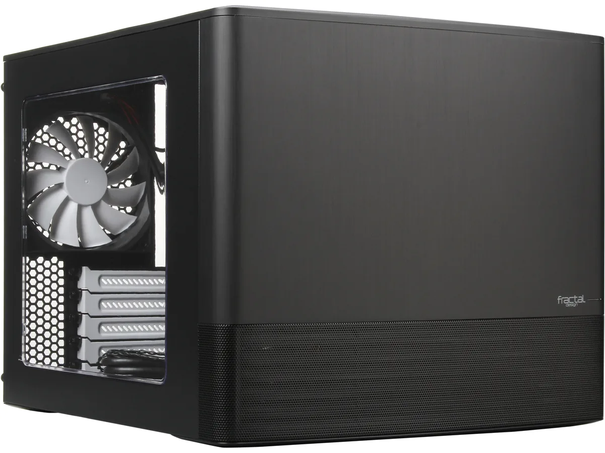 Black cube Micro ATX case with brushed aluminium front and acrylic side window