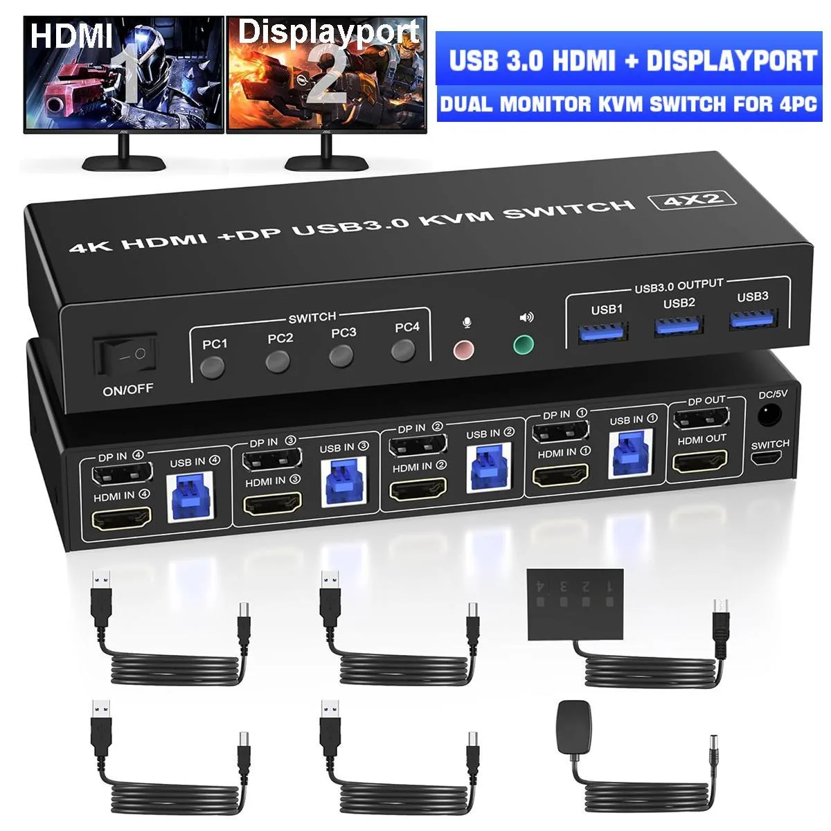 WRIARICH WRIARICH 4-Port DP+HDMI Dual Monitor KVM Switch 4K@60Hz with Wired Remote — product photo