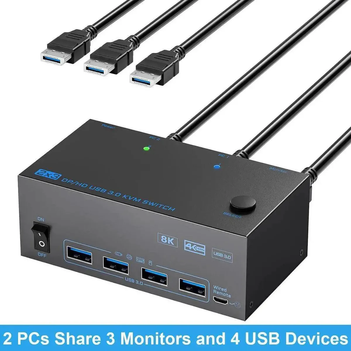 Vszerda Vszerda Triple Monitor KVM Switch 2 PC 3 Monitor HDMI 2 DisplayPort 8K 60Hz 4 USB 3.0 Wired Remote — product photo