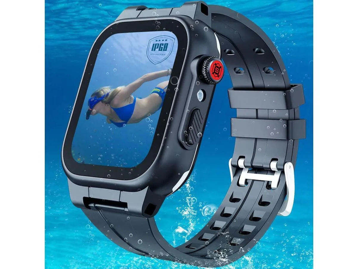 Transparent snap-on waterproof case with integrated screen protector and soft perforated band for 44mm Apple Watch
