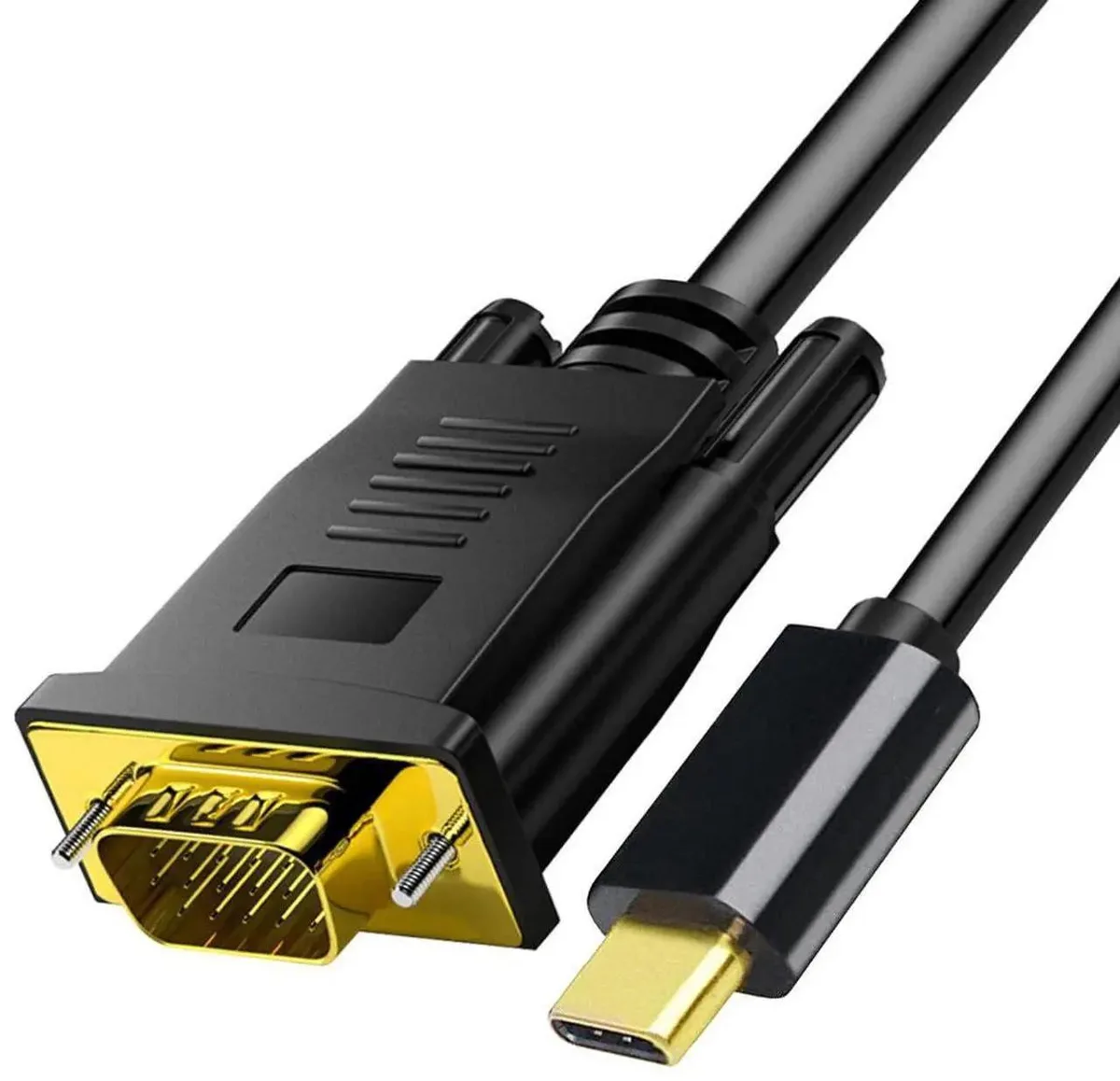A six-foot USB-C to VGA cable with straight connectors, matte black finish, flexible jacket