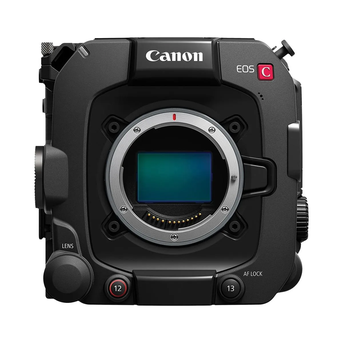 Compact black cinema camera body with RF lens mount and integrated grip