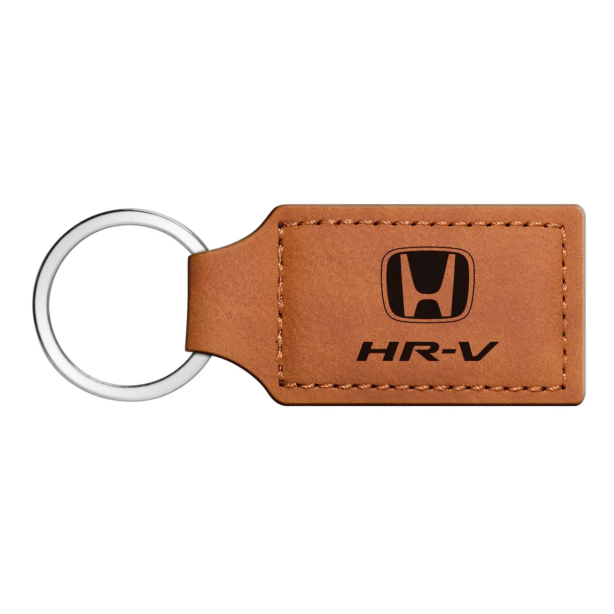 Rectangular brown leather key chain with laser-etched Honda HR-V logo
