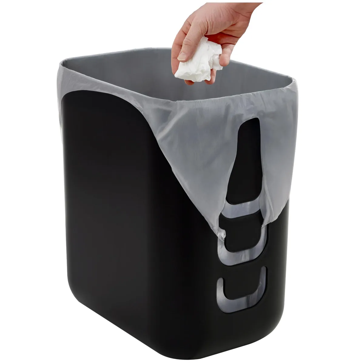 Three white 2.5 gallon plastic wastebaskets with side hooks