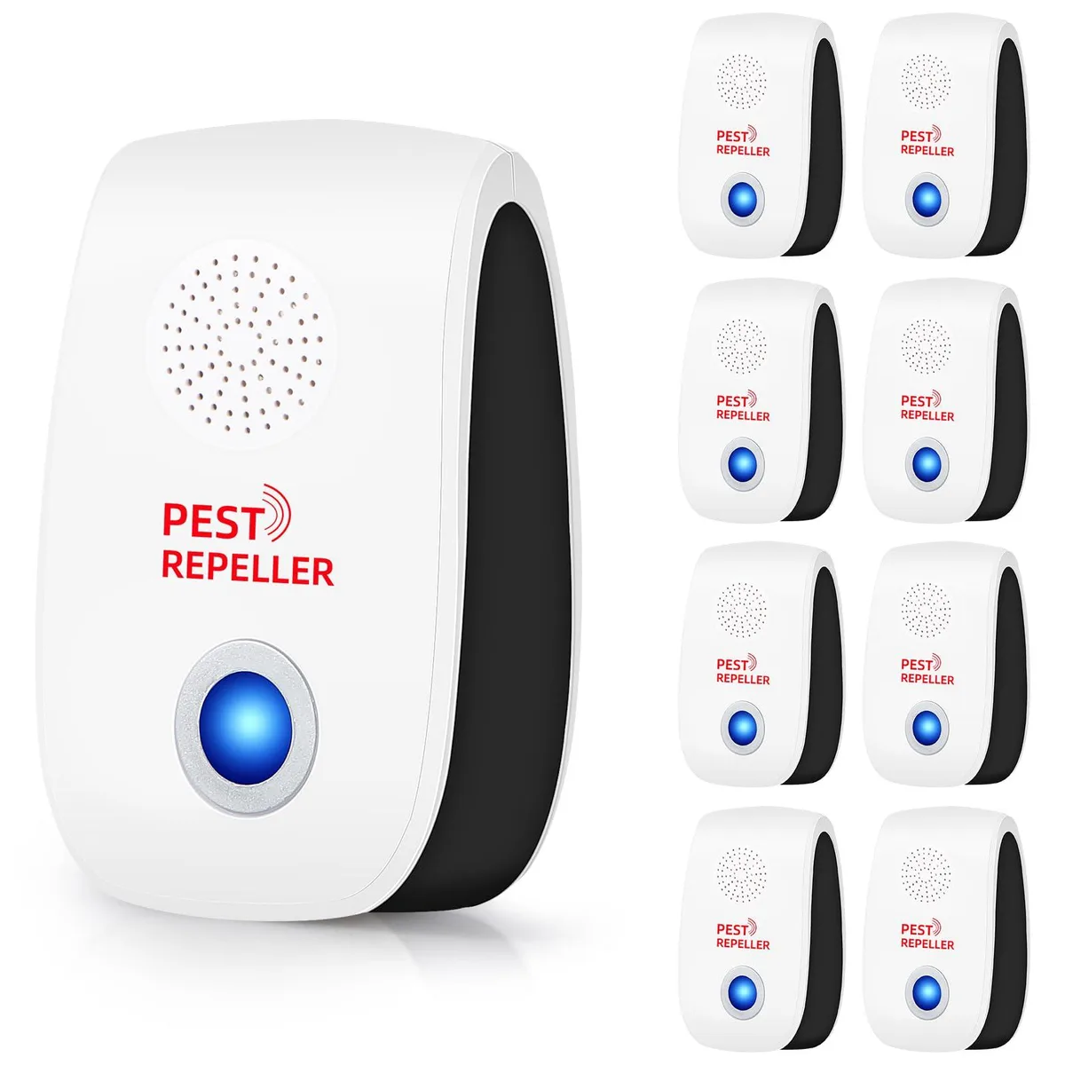 Eight white plug-in ultrasonic pest repellers with blue indicator lights