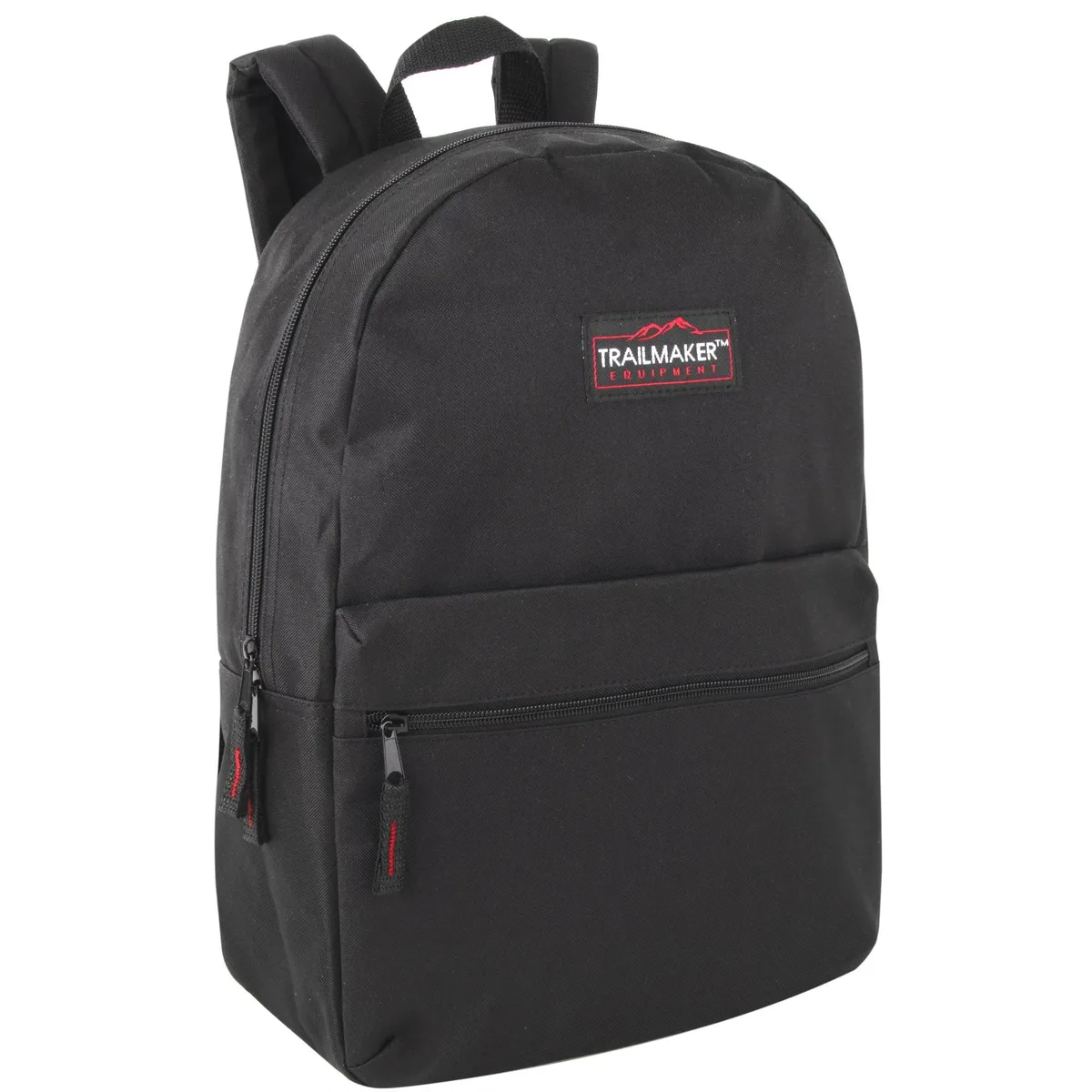 Black 17 inch polyester backpack with padded straps and double zippers