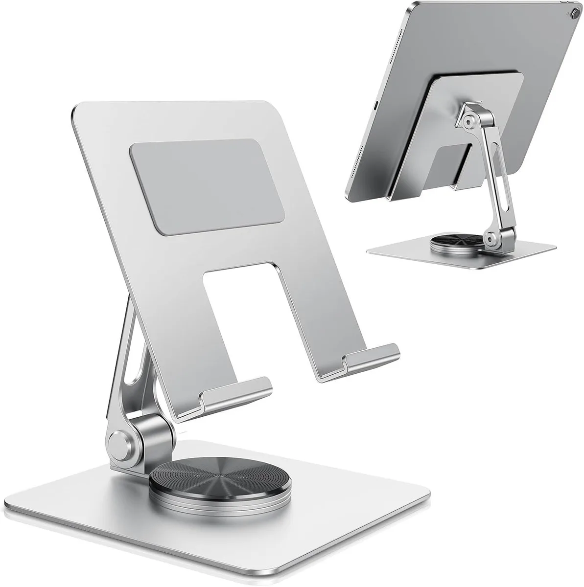 MCHOSE TIGRIS metal tablet stand with 360° rotating base, adjustable angle and foldable arms, silicone pads visible