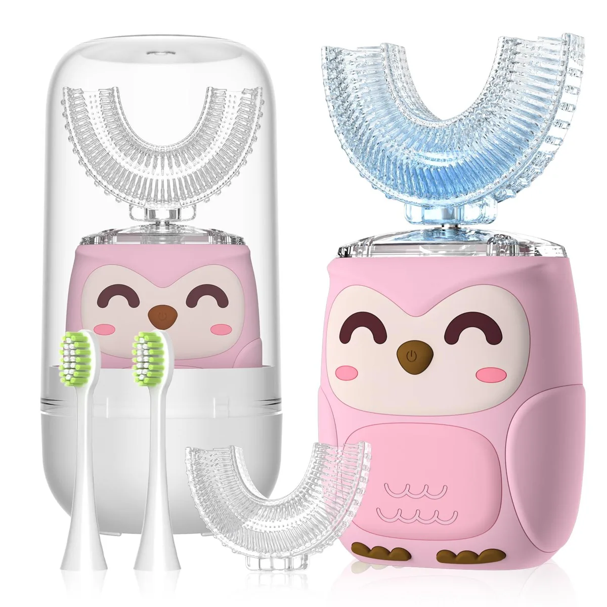 Pink U-shaped electric toothbrush with soft silicone bristles and rinse cup