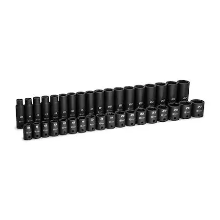 Clear case holding 36 chrome molybdenum sockets in metric sizes 10 to 27 mm