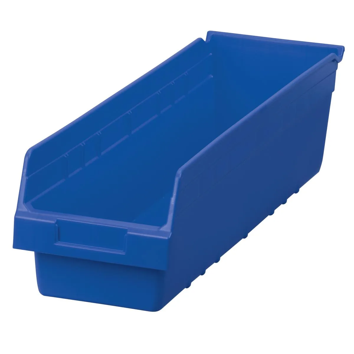 Blue plastic shelf storage bin with molded label area