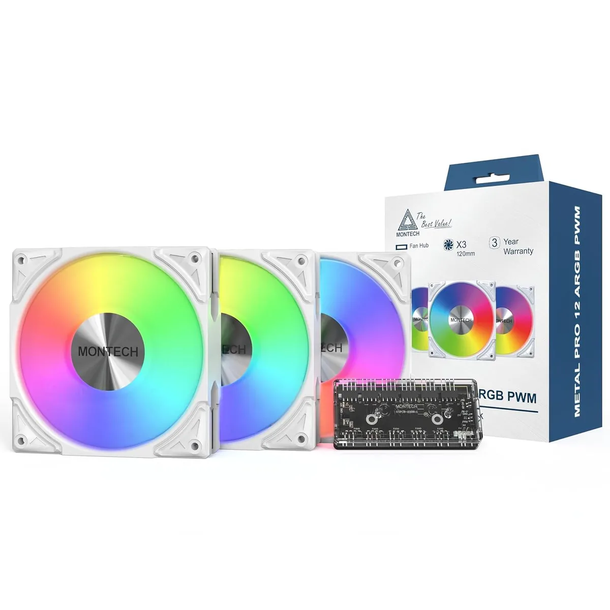 Montech Montech METALPRO12W3IN1 120mm ARGB case fan 3-pack white — product photo