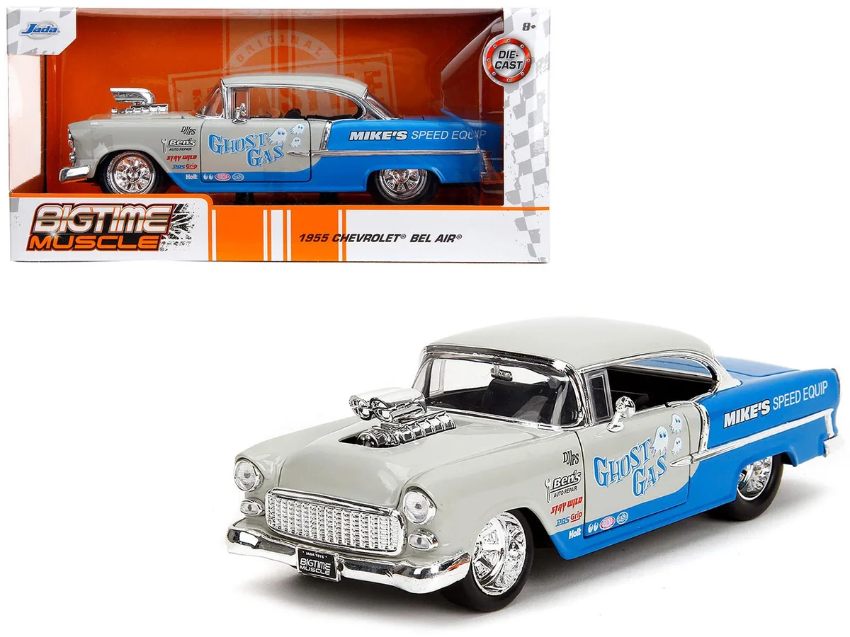 Jada Jada 1955 Chevrolet Bel Air Ghost Gas Mike's Speed Equip Light Gray Blue Bigtime Muscle 1/24 Diecast Model Car — product photo