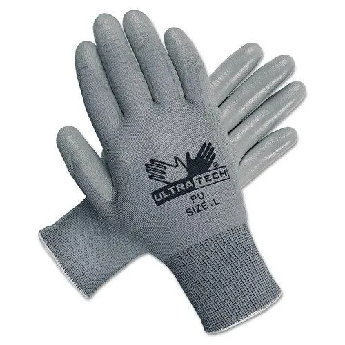 Pair of white and gray 18 gauge work gloves with polyurethane coated palms