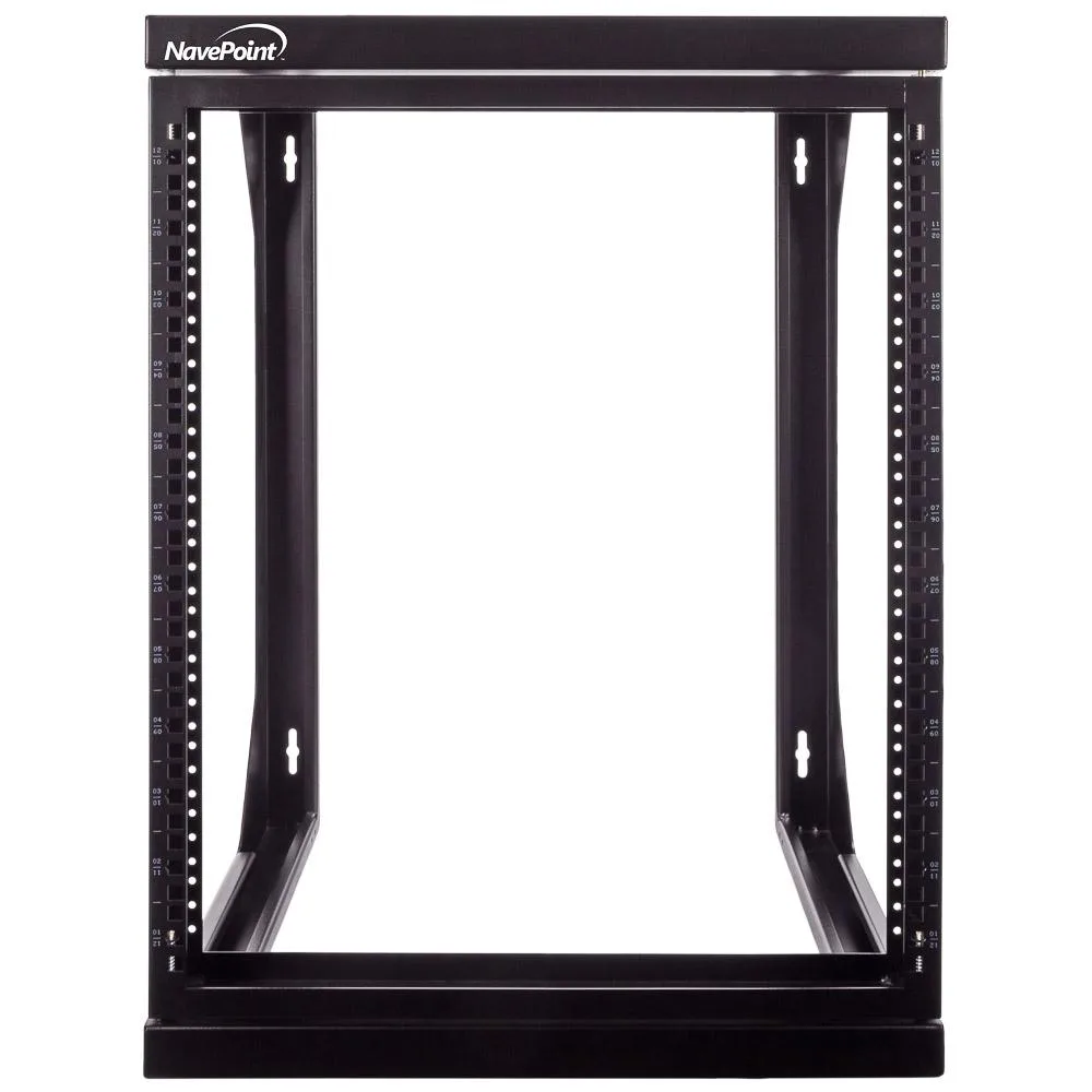 Black 12U wall-mounted open frame rack with hinged swing gate, 19-inch width, powder-coated steel finish
