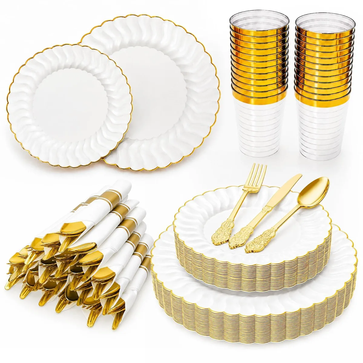 White rectangular plastic plates with geometric design and gold rim, stacked set for 25 guests