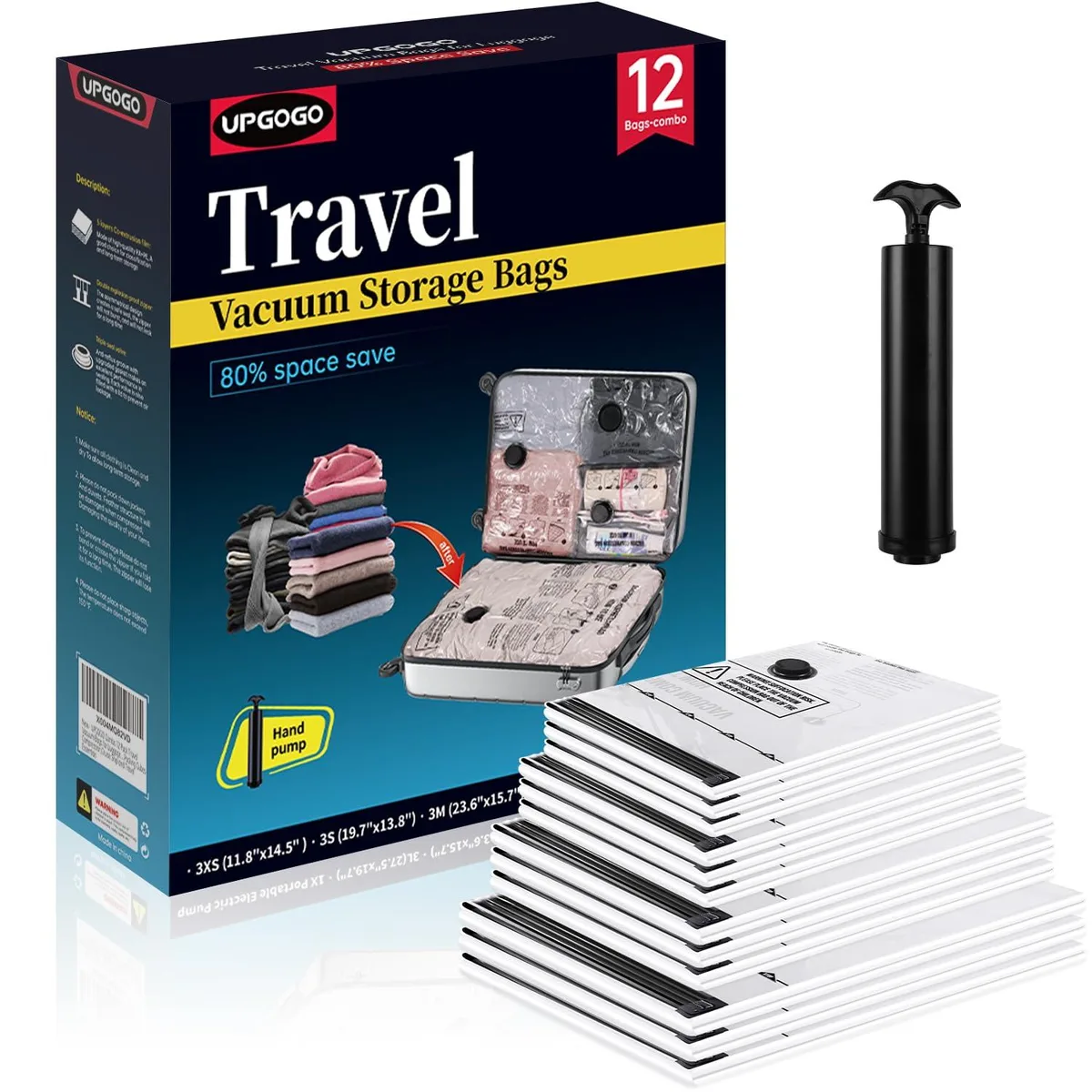 Travel vacuum bag set with hand pump, twelve nylon bags in four sizes