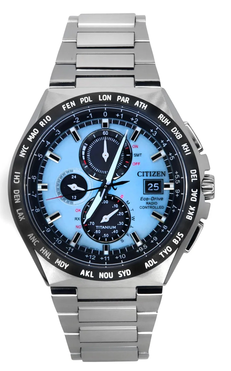 Citizen Citizen AT8238-84M Eco-Drive GMT Chronograph Light Blue Dial Titanium 100M 43.50mm Watch — product photo