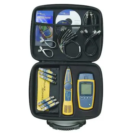 Fluke Networks cable verifier kit with LCD display, probe, remote identifiers, patch cords, test leads, batteries and soft pouch