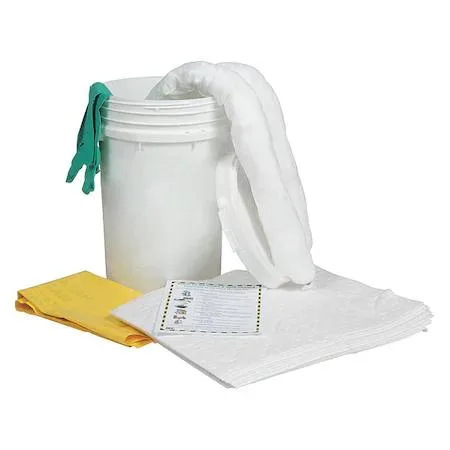 White bucket spill kit, 14 by 14 by 18 inches, oil-only absorbents inside